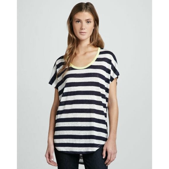 JOIE Maddie Striped Linen Slub Top Navy Blue White Yellow, Size XS - Picture 1 of 7